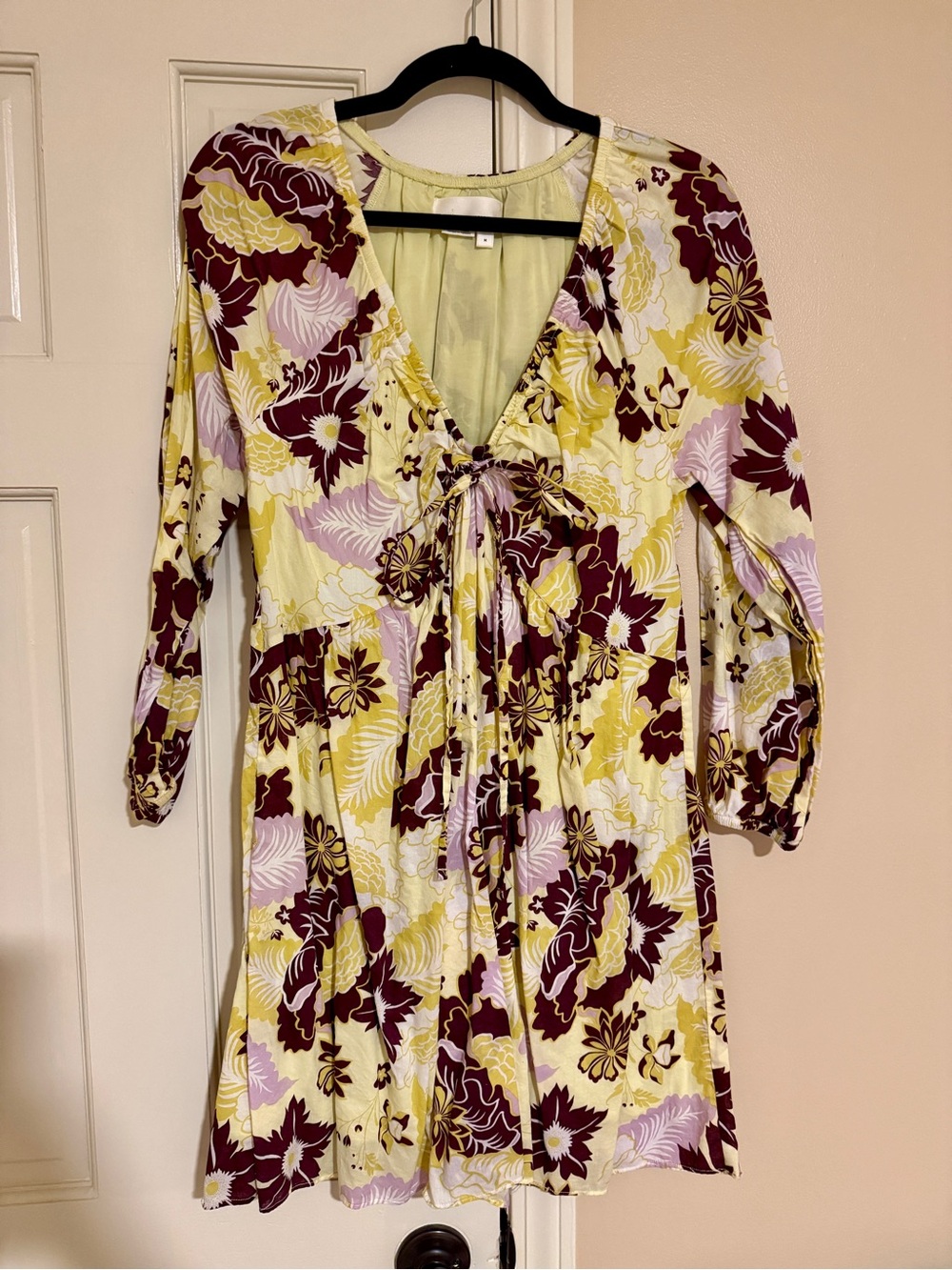 Anthropologie Long Sleeve Floral Dress in Yellow, Burgundy & Lilac